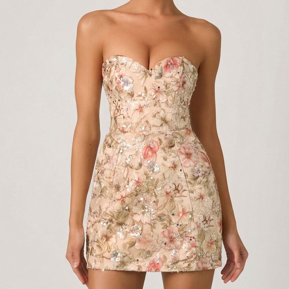 Oh Polly Embellished Strapless A-Line Mini Dress in Floral Beige 0
